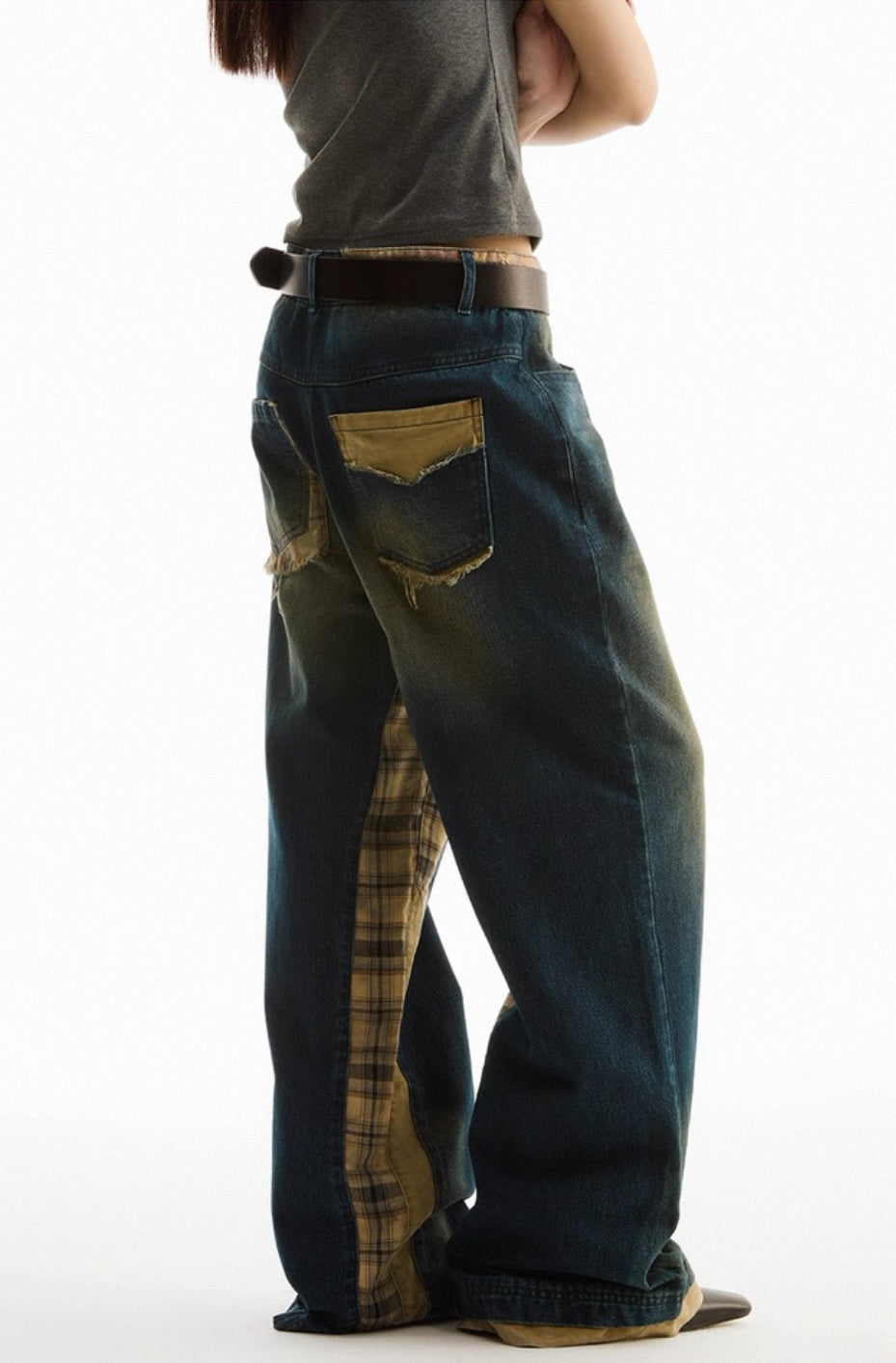 Dark Blue Stitched Plaid Flared Jeans