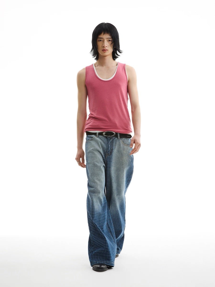 Plaid Loose Washed Straight Pants