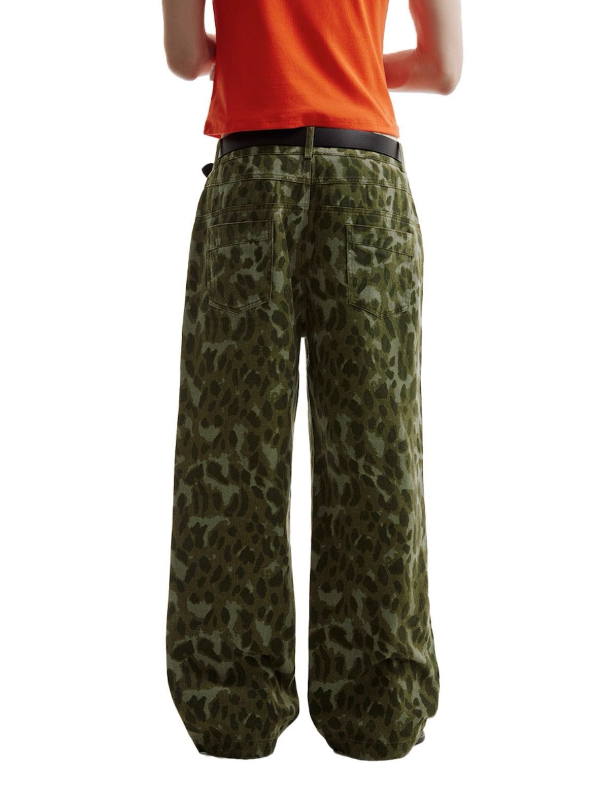Green Leopard Washed Straight Pants