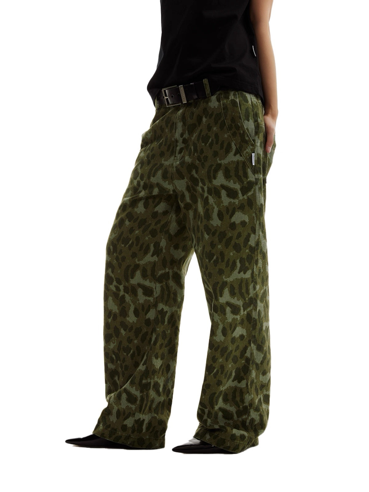 Green Leopard Washed Straight Pants