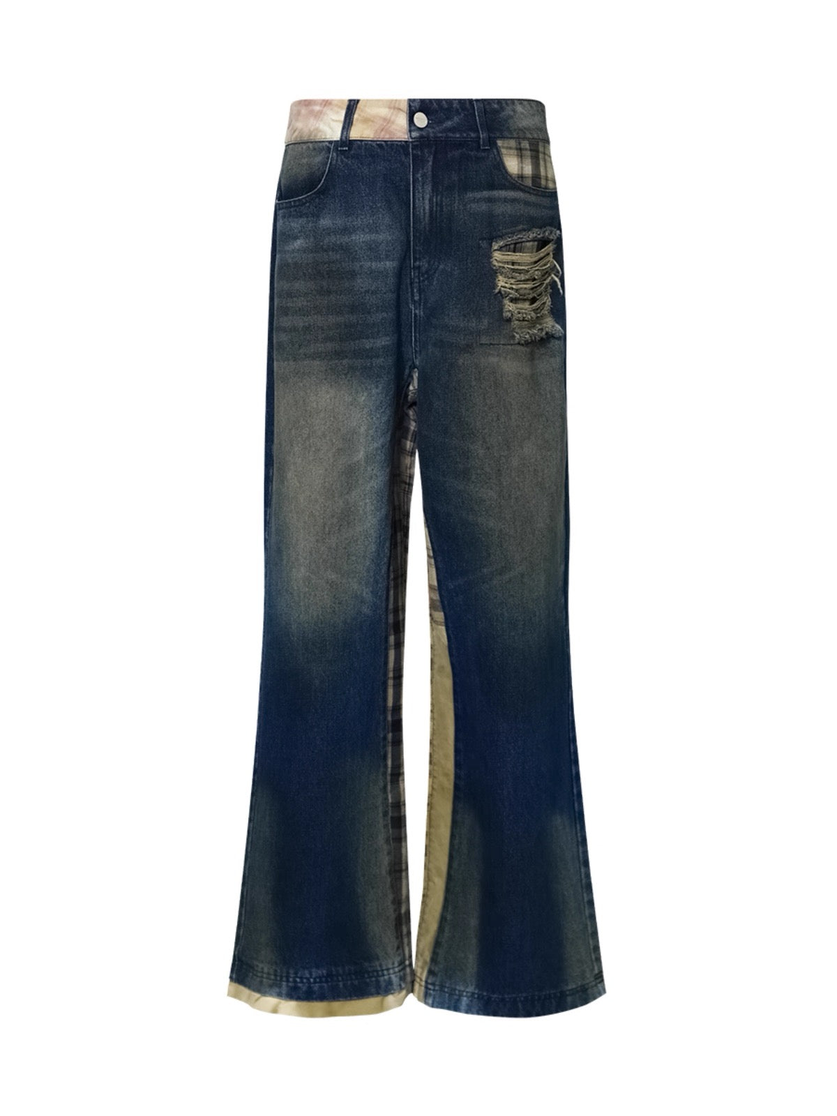Dark Blue Stitched Plaid Flared Jeans