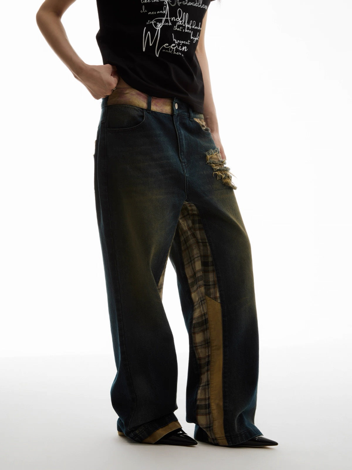 Dark Blue Stitched Plaid Flared Jeans